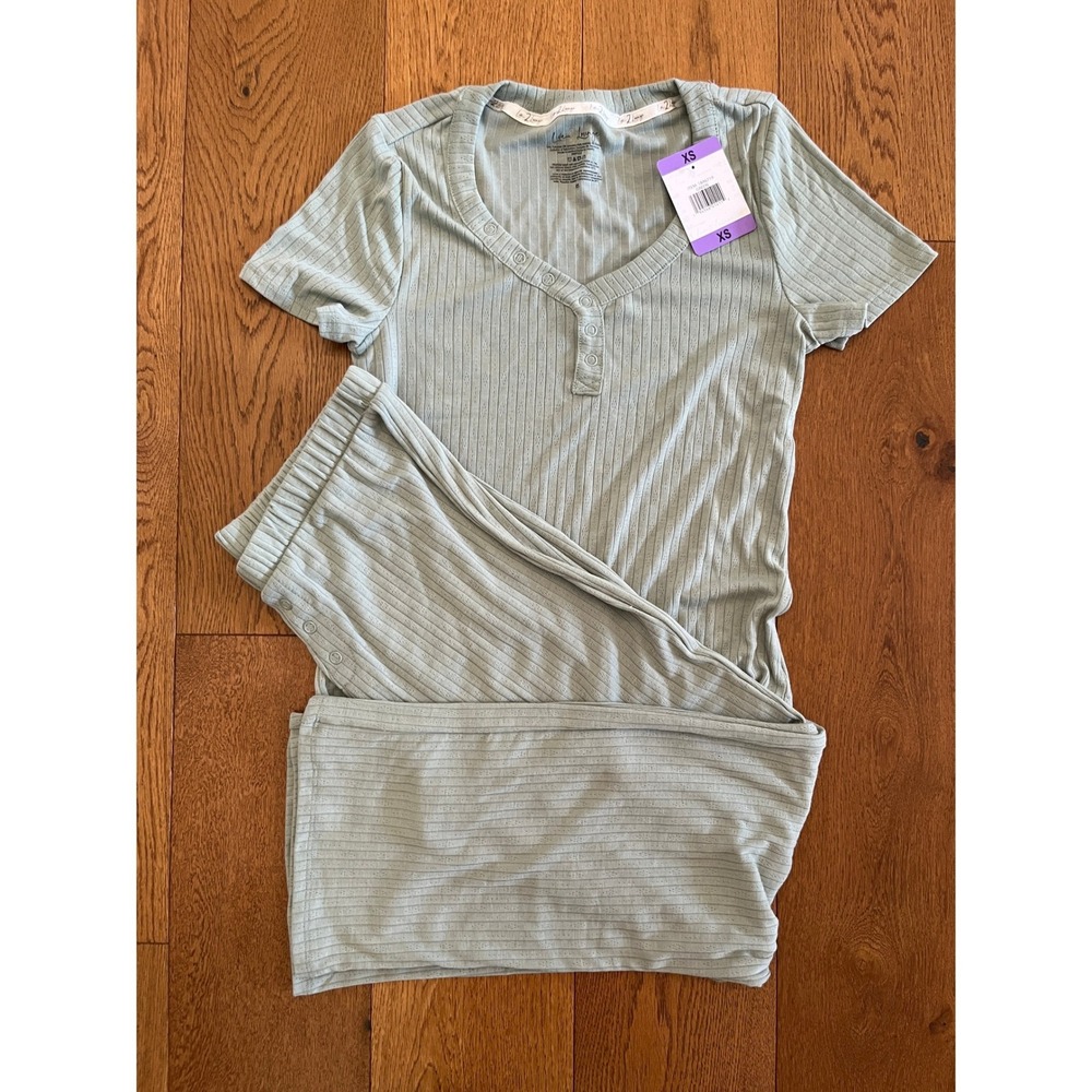 Live 2 Lounge Pajama Set Womens XS Green New Ribbed Pointelle Henley 2PC